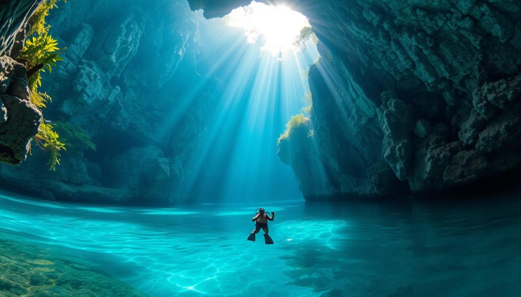 A vast, sun-drenched underwater cavern, its turquoise waters illuminated by shafts of light filtering through the rock formations above. Lush greenery clings to the rugged limestone walls, casting soft shadows onto the mirrored surface. In the foreground, a diver effortlessly navigates the tranquil depths, captivated by the natural beauty that lies hidden beneath the Yucatan Peninsula. The scene exudes a sense of mystery and discovery, inviting the viewer to explore this captivating and off-the-beaten-path destination.