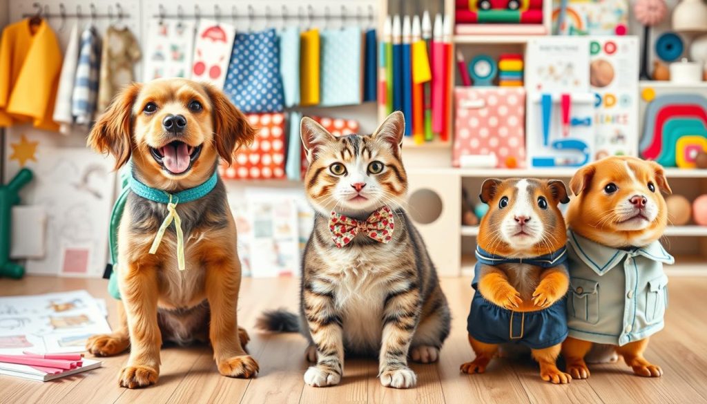 A vibrant and whimsical collage of DIY pet fashion projects, showcasing an array of trendy back-to-school outfits for furry friends. The foreground features a playful pup donning a handcrafted backpack, a cat strutting in a homemade bowtie, and a guinea pig modeling a custom-made school uniform. The middle ground presents a selection of sewing patterns, fabrics, and crafting tools, while the background depicts a colorful array of pet accessories and decor, creating a modern and visually engaging composition. The lighting is soft and natural, highlighting the intricate details and textures of the DIY creations. Capture the spirit of pet humanization and the joy of customizing your beloved companions for the new school year.