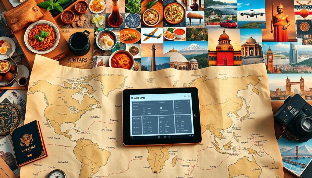 A vibrant collage depicting the planning process for a culinary travel adventure. In the foreground, a hand-drawn map unfurls, showcasing iconic global cuisine icons - steaming ramen, sizzling paella, aromatic curries. Surrounding it, an array of travel essentials: a weathered passport, a compass, a vintage suitcase, and a camera capturing the moment. The middle ground features a tablet displaying flight and hotel bookings, while the background is a mosaic of tantalizing food photos, cultural landmarks, and striking landscapes - a melting pot of flavors and experiences awaiting discovery. Warm, golden lighting casts a dreamlike, wanderlust-inspired glow over the entire scene.
