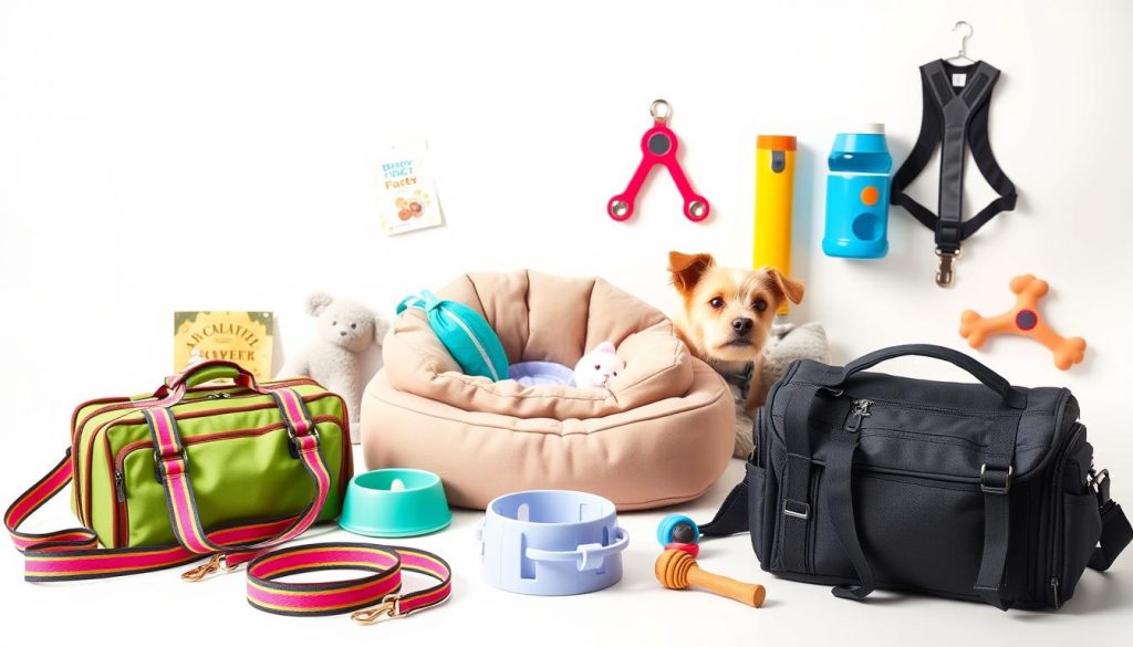 A vibrant, collage-inspired image of an array of pet travel essentials laid out against a minimalist white backdrop. In the foreground, a colorful leash, carrying case, and water bowl. In the middle ground, a cozy pet bed, treats, and a travel grooming kit. In the background, a lightweight harness, portable food/water dispensers, and a playful chew toy. The image is bathed in soft, natural lighting, with a clean, modern aesthetic that showcases the practical yet stylish pet accessories for a college campus adventure.