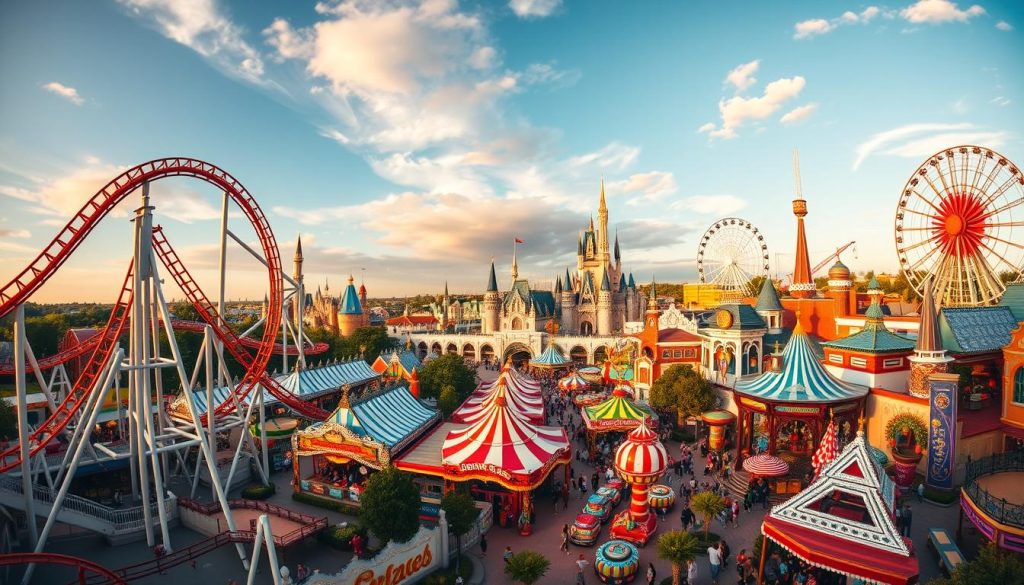 A vibrant collage of iconic theme park attractions, capturing the essence of family-friendly entertainment. In the foreground, a towering rollercoaster winds through the sky, its daring loops and turns a thrill for all ages. In the middle ground, a bustling midway comes alive with colorful rides, from spinning teacups to a classic Ferris wheel. The background showcases a diverse array of themed lands, from the whimsical spires of a fantasy castle to the neon-drenched streets of a futuristic metropolis. Warm, golden lighting bathes the scene, creating a sense of wonder and excitement. Captured with a wide-angle lens, the image conveys the grandeur and immersive experience of these family-friendly vacation destinations.
