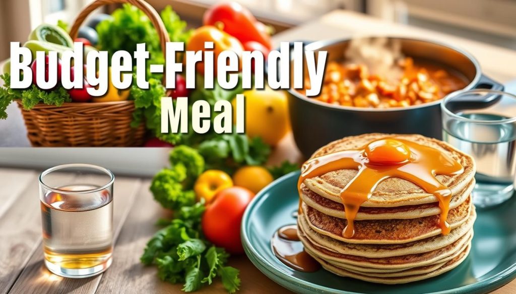A vibrant collage showcasing budget-friendly meal options: a basket overflowing with fresh produce, a steaming pot of hearty stew, a stack of whole-grain pancakes drizzled with honey, and a glass of refreshing water. The scene is bathed in warm, natural lighting, captured from a slightly elevated angle to create a sense of abundance and accessibility. The composition emphasizes the accessibility and simplicity of these nutritious, cost-effective dishes, inviting the viewer to savor a delicious and wallet-friendly dining experience.