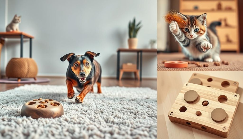 A vibrant, modern collage depicting various pet enrichment activities in a photo-realistic style. In the foreground, a dog playfully chasing a treat-filled puzzle toy across a plush, textured rug. In the middle ground, a cat batting at a hanging feather toy, its intense focus captured in crisp detail. The background showcases an array of interactive toys, from a snuffle mat scattered with kibble to a wooden activity board with sliding puzzles. Warm, diffused lighting creates a cozy, inviting atmosphere, while strategic camera angles and depth of field draw the viewer's attention to the engaging pet-centric scenes.