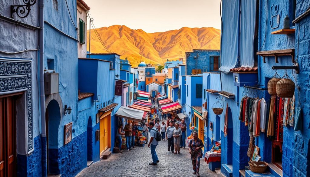 A vibrant, photo-realistic collage depicting the enchanting blue city of Chefchaouen, Morocco. In the foreground, narrow alleyways wind between buildings adorned with intricate patterns and vibrant shades of blue, casting soft shadows across the cobblestone streets. In the middle ground, a bustling marketplace comes to life, with vendors selling traditional Moroccan wares and locals navigating the lively scene. The background showcases the city's mountainous backdrop, with rugged peaks rising up in the distance, bathed in warm, golden light. The overall composition conveys a sense of tranquility and wonder, inviting the viewer to explore the hidden gems of this off-the-beaten-path travel destination.