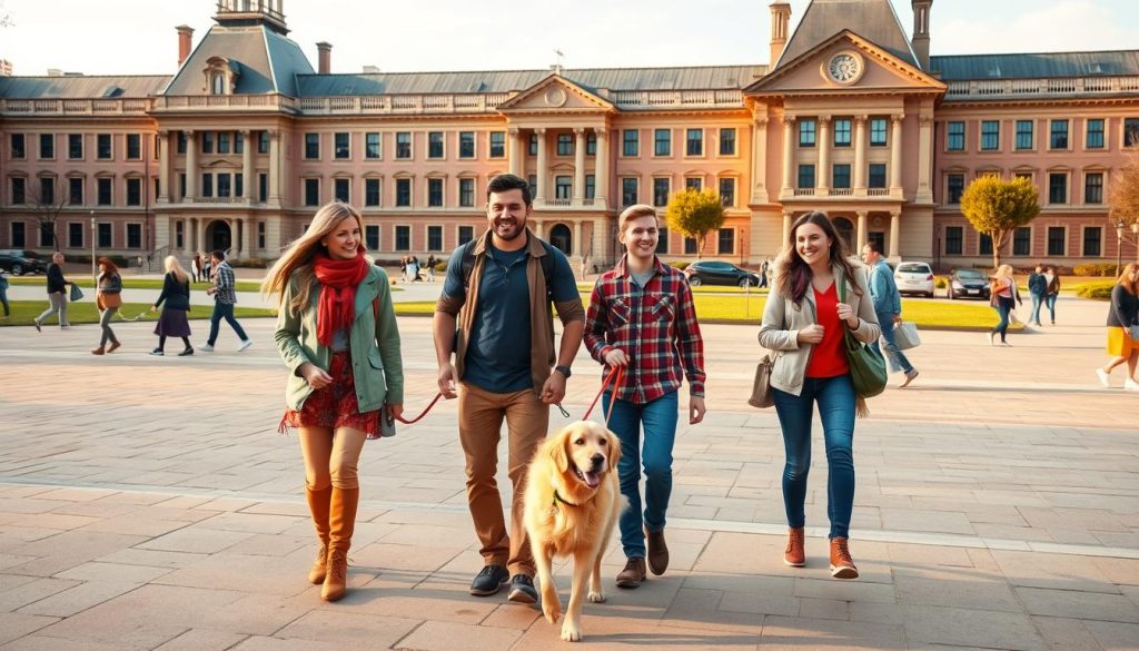 A vibrant, photorealistic college campus scene, with a family of four - a mom, dad, and two kids - walking across the quad, accompanied by their friendly golden retriever on a leash. In the foreground, the family is dressed casually, smiling and engaged with one another, showcasing the joy of traveling together. The middle ground features the ornate university buildings, with their distinctive architectural styles, creating a sense of place. In the background, other students can be seen going about their daily activities, emphasizing the lively, collegiate atmosphere. The lighting is warm and natural, casting a golden glow over the scene, and the composition is a balanced, harmonious collage that captures the spirit of pet-friendly college visits.