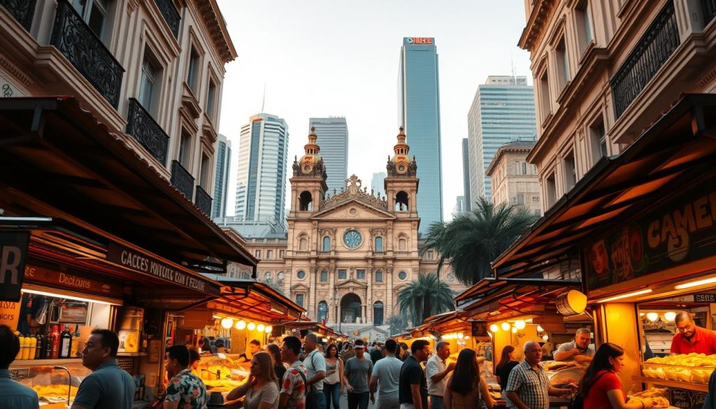 A vibrant scene of Mexico City's bustling food culture. In the foreground, a colorful array of street food stalls, sizzling with the aromas of tacos, quesadillas, and elotes. In the middle ground, patrons savor their culinary delights, surrounded by the iconic architecture of the historic city center. The background features towering skyscrapers, blending the ancient and modern flavors of Mexico's capital. Warm lighting casts a golden glow, capturing the convivial atmosphere of this dynamic culinary hub. Captured with a wide-angle lens, the image conveys a sense of immersion in the vibrant, ever-evolving food scene of Mexico City.