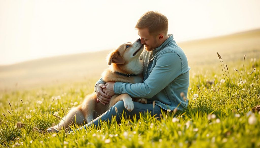 A warm and affectionate couple enjoying a peaceful moment with their beloved canine companion. The person is sitting on a plush, sun-dappled meadow, tenderly embracing their furry friend, who gazes up at them with pure adoration. Soft, diffused lighting creates a dreamlike ambiance, highlighting the palpable bond between human and animal. The scene radiates a sense of tranquility, harmony, and the profound healing power of the human-animal connection. The composition is a modern collage, seamlessly blending photorealistic elements into a captivating, emotionally resonant whole.
