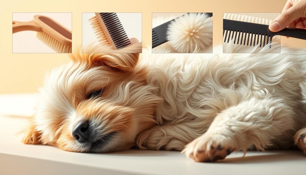 A well-groomed pup resting peacefully, its silky fur gently brushed with a soft, natural bristle brush. In the background, a collage of different brushing techniques unfolds - a detailed close-up of a slicker brush gently detangling matted fur, a wide-toothed comb effortlessly gliding through a fluffy undercoat, and a palm brush massaging the skin to distribute natural oils. The lighting is soft and warm, casting a serene, almost ethereal glow on the scene. The overall composition has a modern, artistic feel, capturing the essence of essential pet grooming in a visually captivating way.
