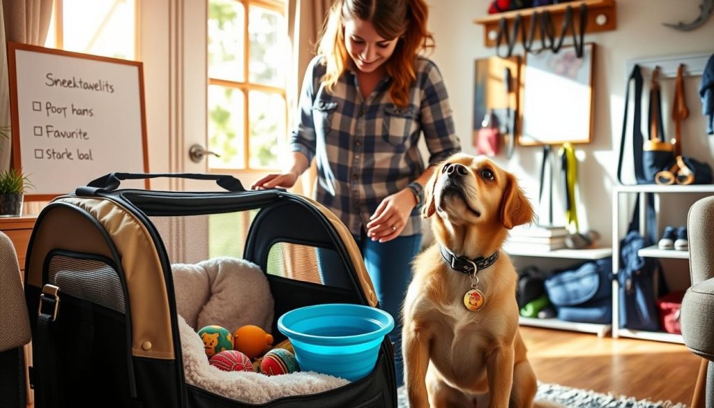 A well-prepared pet owner stands in a cozy, sun-dappled room, packing a stylish travel carrier with essential supplies - plush bedding, favorite toys, and a collapsible water bowl. In the background, a checklist of pre-travel tasks is pinned to a corkboard, while a nearby shelf displays leashes, harnesses, and other travel accessories. The scene conveys a sense of organized excitement, as the pet gazes up adoringly, eager to embark on a new adventure with their devoted human companion.