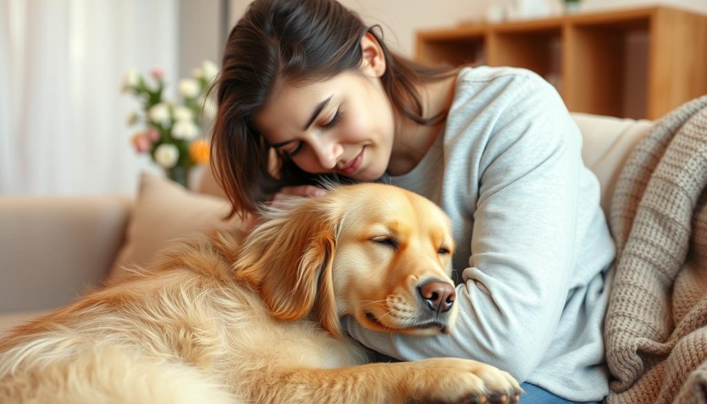 A young person gently comforting their cherished pet, a fluffy golden retriever, on a plush couch in a warm, inviting living room. Soft, diffused lighting bathes the scene, creating a soothing, intimate atmosphere. The pet's head rests in the person's lap, their eyes closed in contentment as the person tenderly strokes their fur. In the background, a vase of fresh flowers and a cozy throw blanket add to the sense of comfort and care. The composition is artfully arranged, with the subjects positioned to draw the viewer's attention to the loving interaction between human and animal.