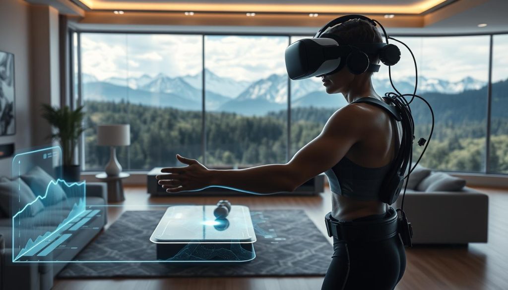 An ultra photorealistic collage showcasing the latest trend on immersive fitness technologies. In the foreground, a sleek, holographic exercise interface hovers over a user's living room, surrounded by state-of-the-art monitoring devices and haptic feedback sensors. In the background, a panoramic, 360-degree virtual landscape unfolds, simulating lush forests, towering mountains, and dynamic weather systems to create an all-encompassing fitness experience. Soft, directional lighting accentuates the high-tech details, while a moody, futuristic atmosphere pervades the scene, hinting at the transformative potential of these emerging technologies.