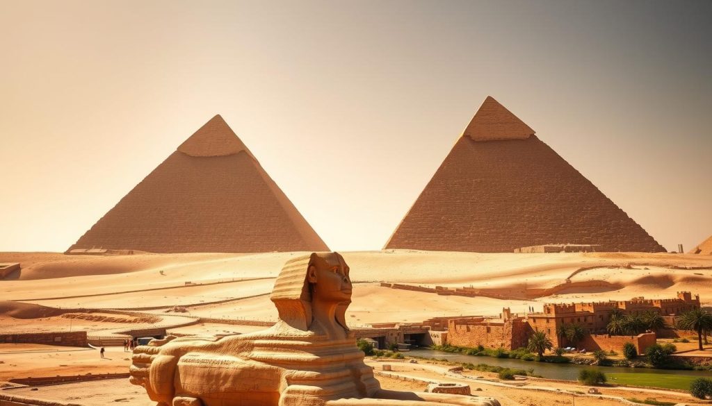 Towering monuments of ancient Egypt, the Pyramids of Giza stand resolute against the endless desert sky. A wide-angle lens captures the grand scale of these iconic structures, their smooth limestone surfaces reflecting the warm, golden light of the sun. In the foreground, intricate hieroglyphic carvings adorn the base, hinting at the rich history and mystique that surrounds these timeless wonders. The middle ground features the Sphinx, its enigmatic gaze surveying the scene, while in the distance, the Nile River winds its way through the verdant landscape. The overall mood is one of awe and reverence, inviting the viewer to imagine the stories and secrets these ancient monuments hold.