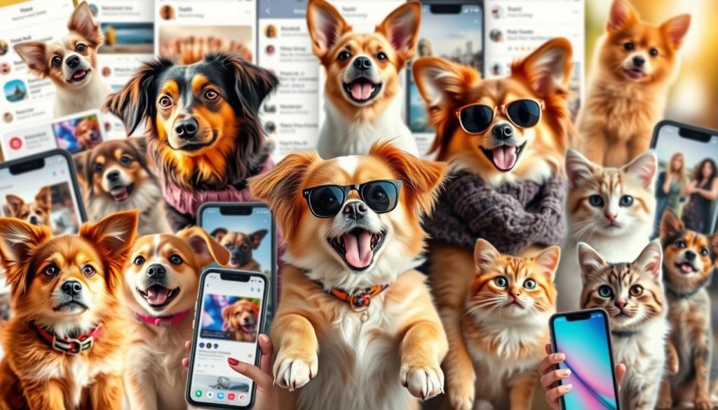 Vibrant collage of pet influencers across diverse social media platforms. Cuddly canines and feline fashionistas posing playfully against a backdrop of scrolling feeds and digital interfaces. Warm natural lighting illuminates their expressive features, while dynamic camera angles and compositions create a sense of movement and engagement. Meticulously detailed fur, paws, and accessories seamlessly integrated with slick mobile UI elements. Conveys the captivating presence and cultural impact of these furry social media stars.
